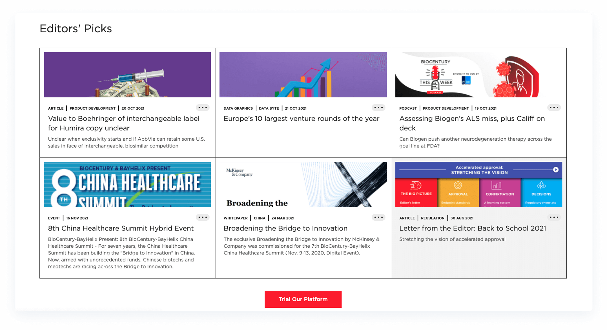 BioCentury Editors' Picks section displaying a grid of curated articles, podcasts, and industry reports