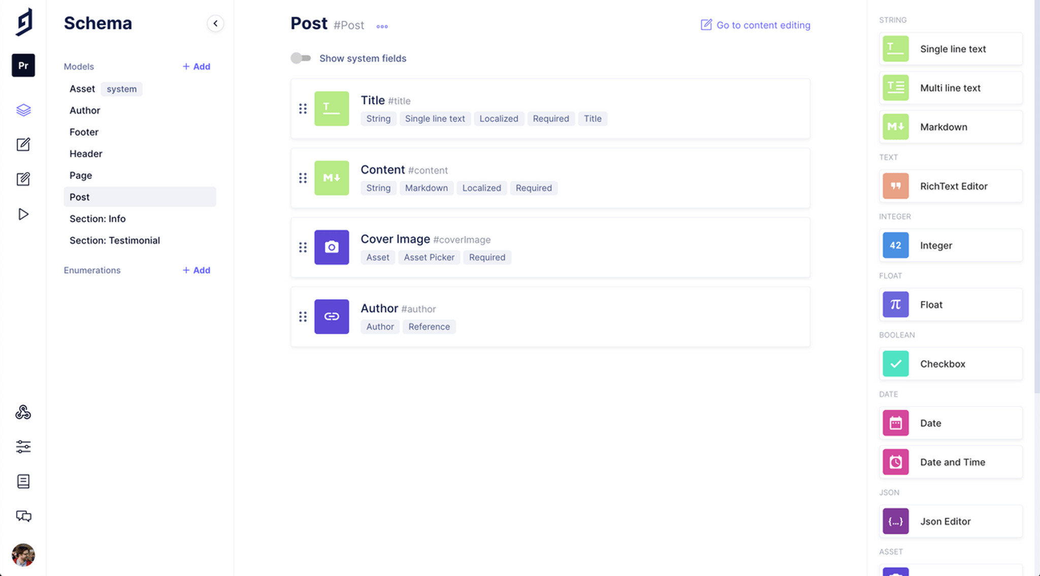 Content modeling in Hygraph headless CMS: A screenshot of the schema editor showing the drag-and-drop field types and model configuration