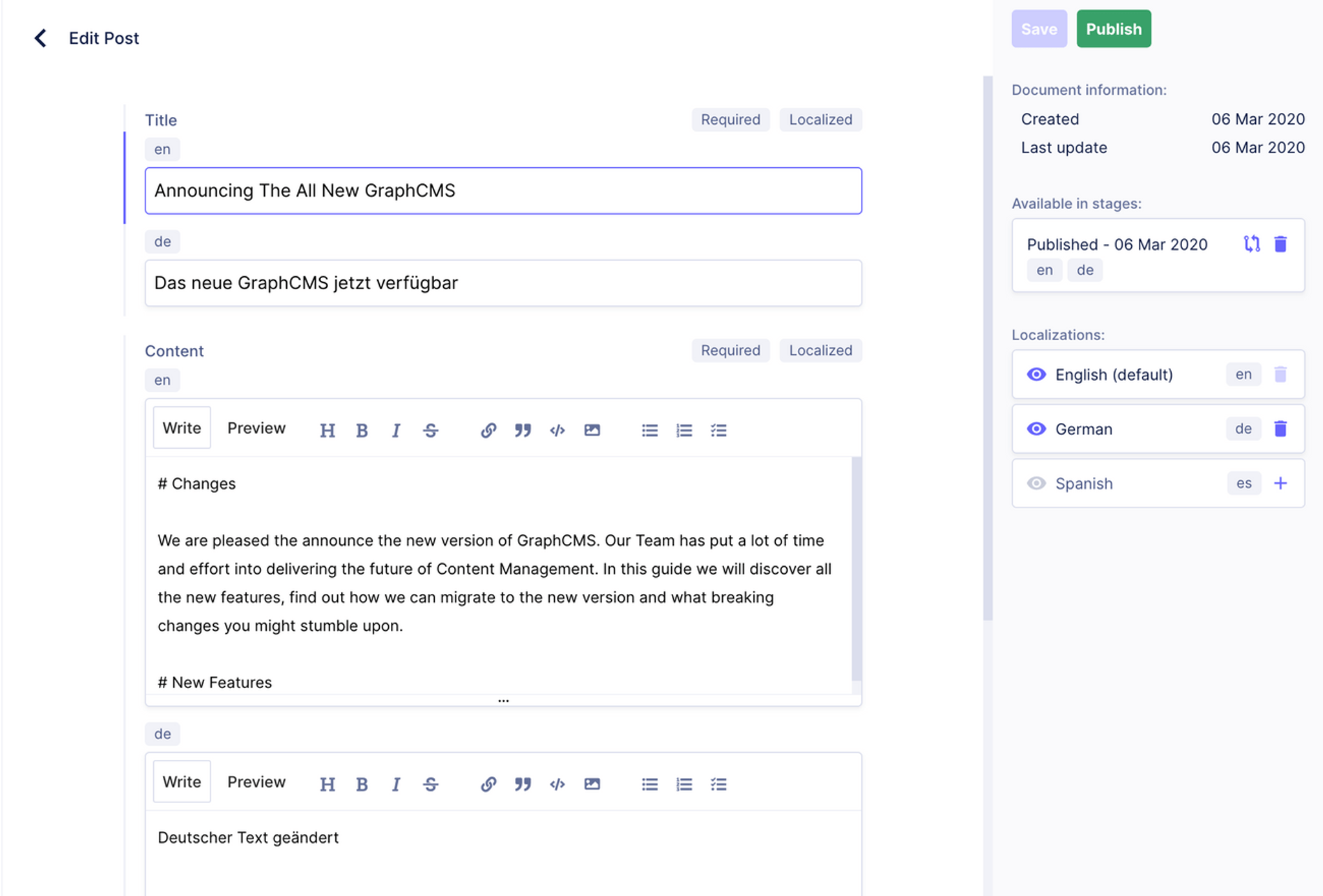 Hygraph headless CMS content editor interface demonstrating localization features with English and German language fields side-by-side