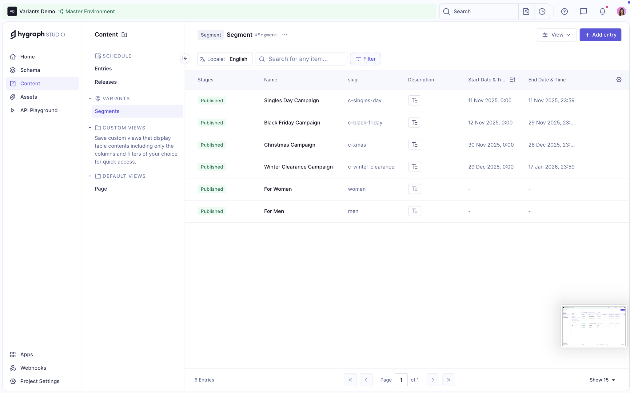 Hygraph content interface showing retail personalization segments for seasonal campaigns like Black Friday, Singles Day, and Christmas