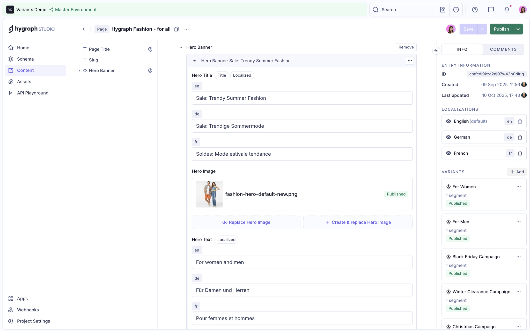 Hygraph headless CMS editor displaying a retail Hero Banner with multi-language localization (English, German, French) and targeted audience variants for personalization