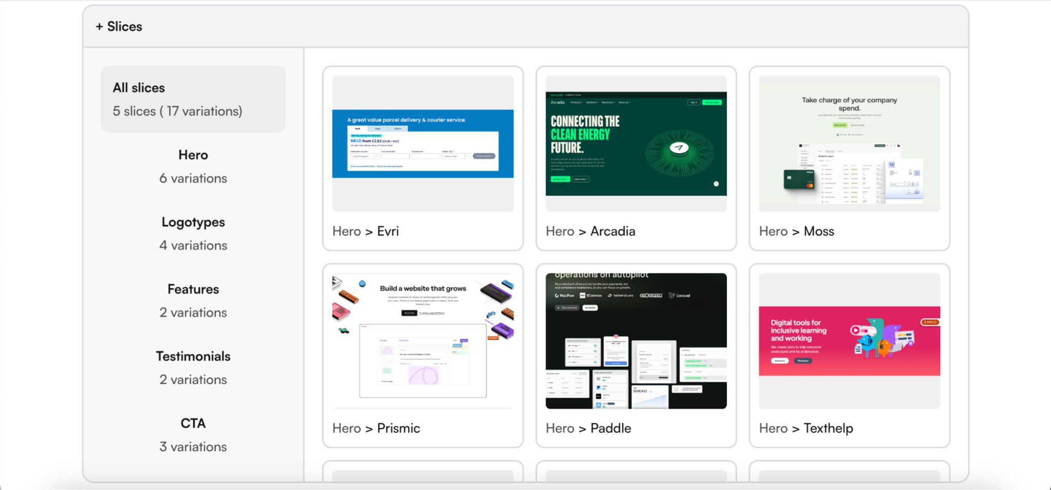 Prismic page-builder interface highlighting a modular Slices component library grid featuring multiple layout variations for website Hero sections.png