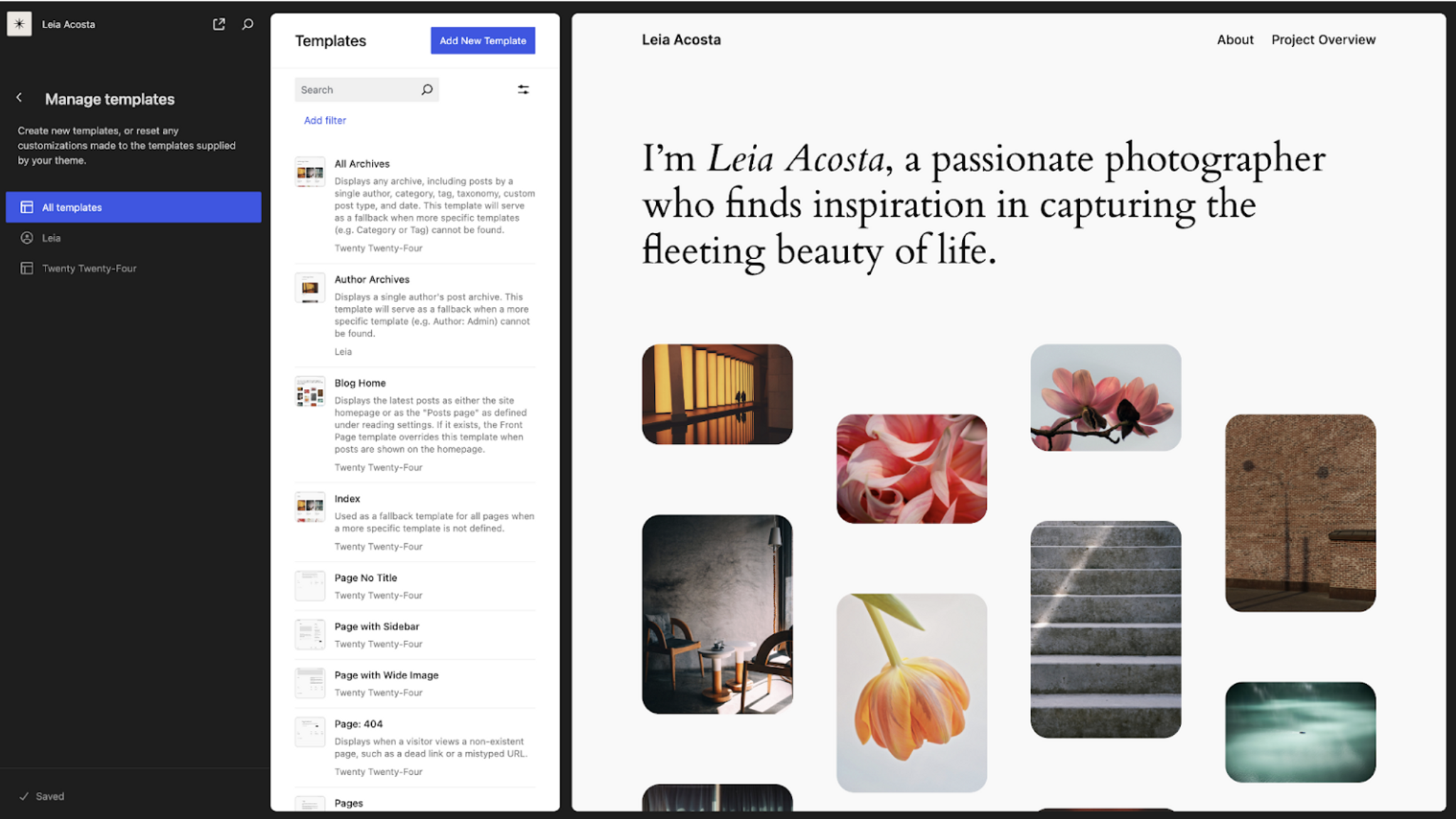 WordPress block theme customizer dashboard detailing global site hierarchy and page templates.png