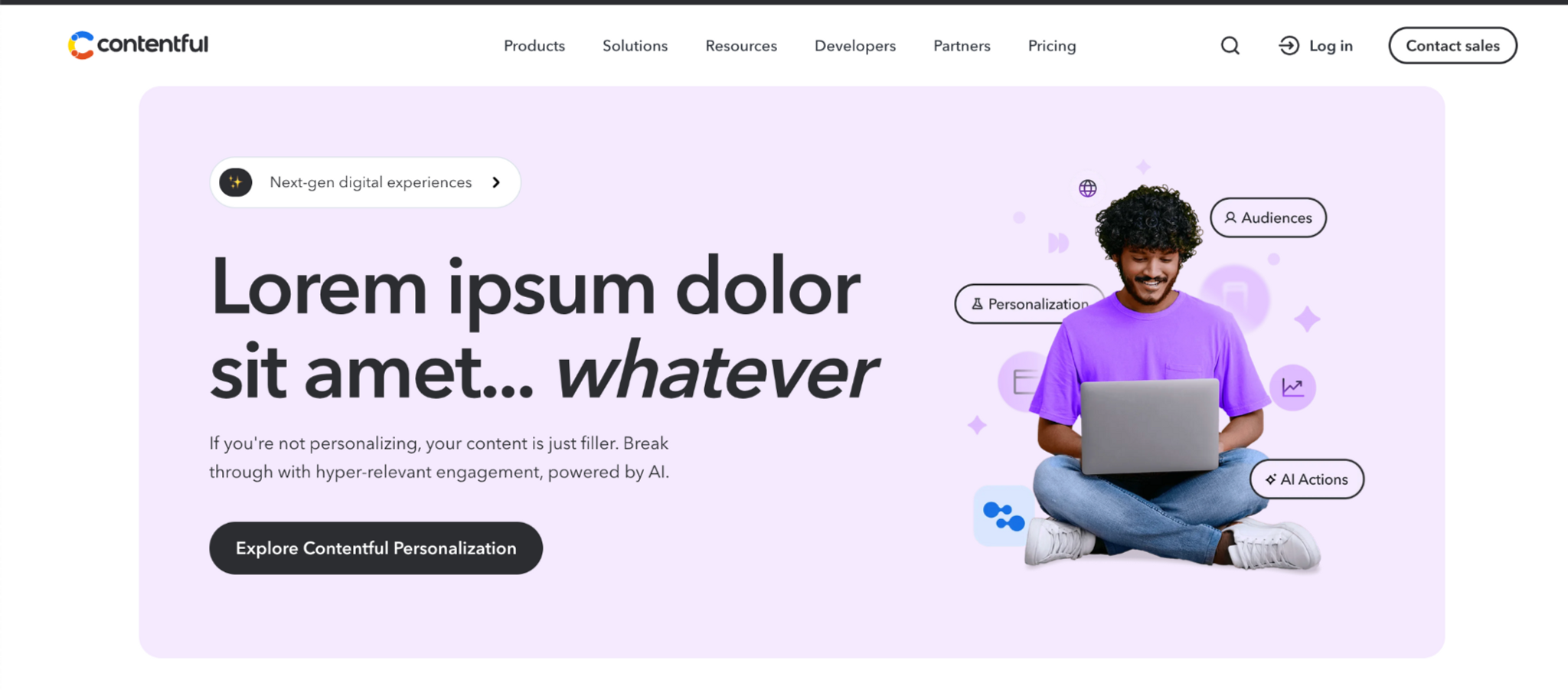 Contentful personalization platform homepage hero section featuring placeholder text and a person using a laptop surrounded by user interface labels for Audiences, Personalization, and AI Actions.png