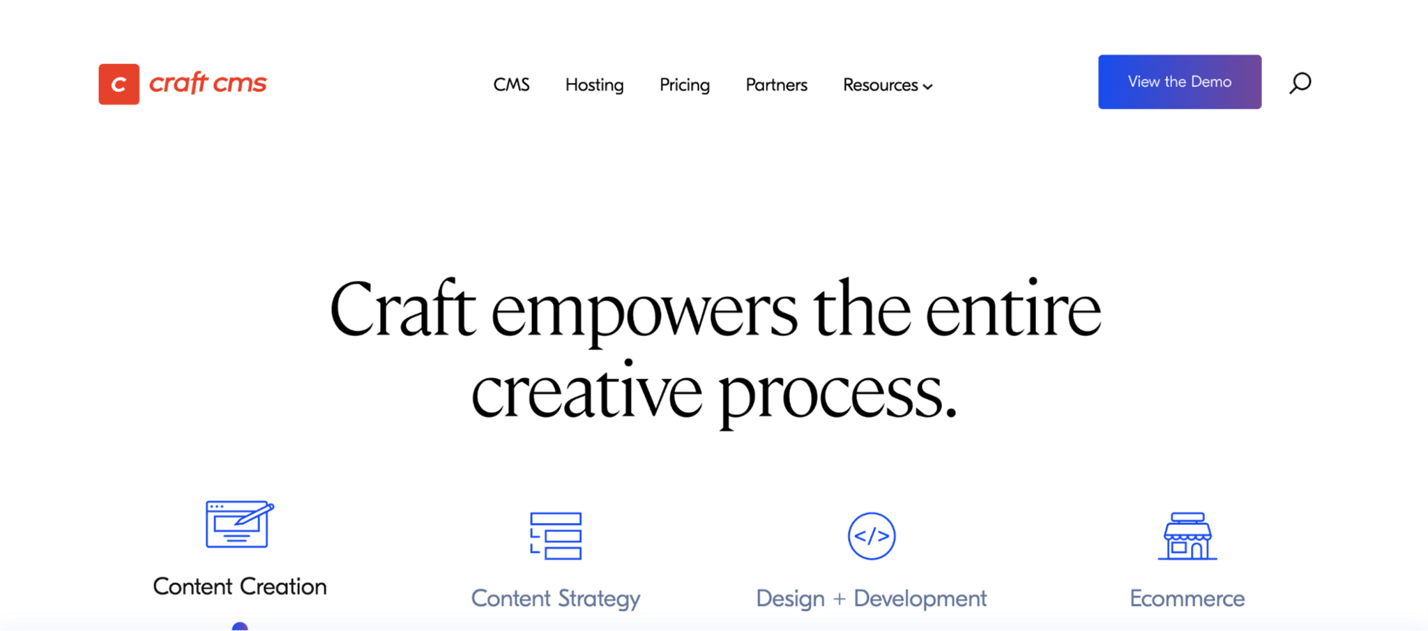 Craft CMS website homepage showing the main slogan Craft empowers the entire creative process above icons for content creation, strategy, and ecommerce.png