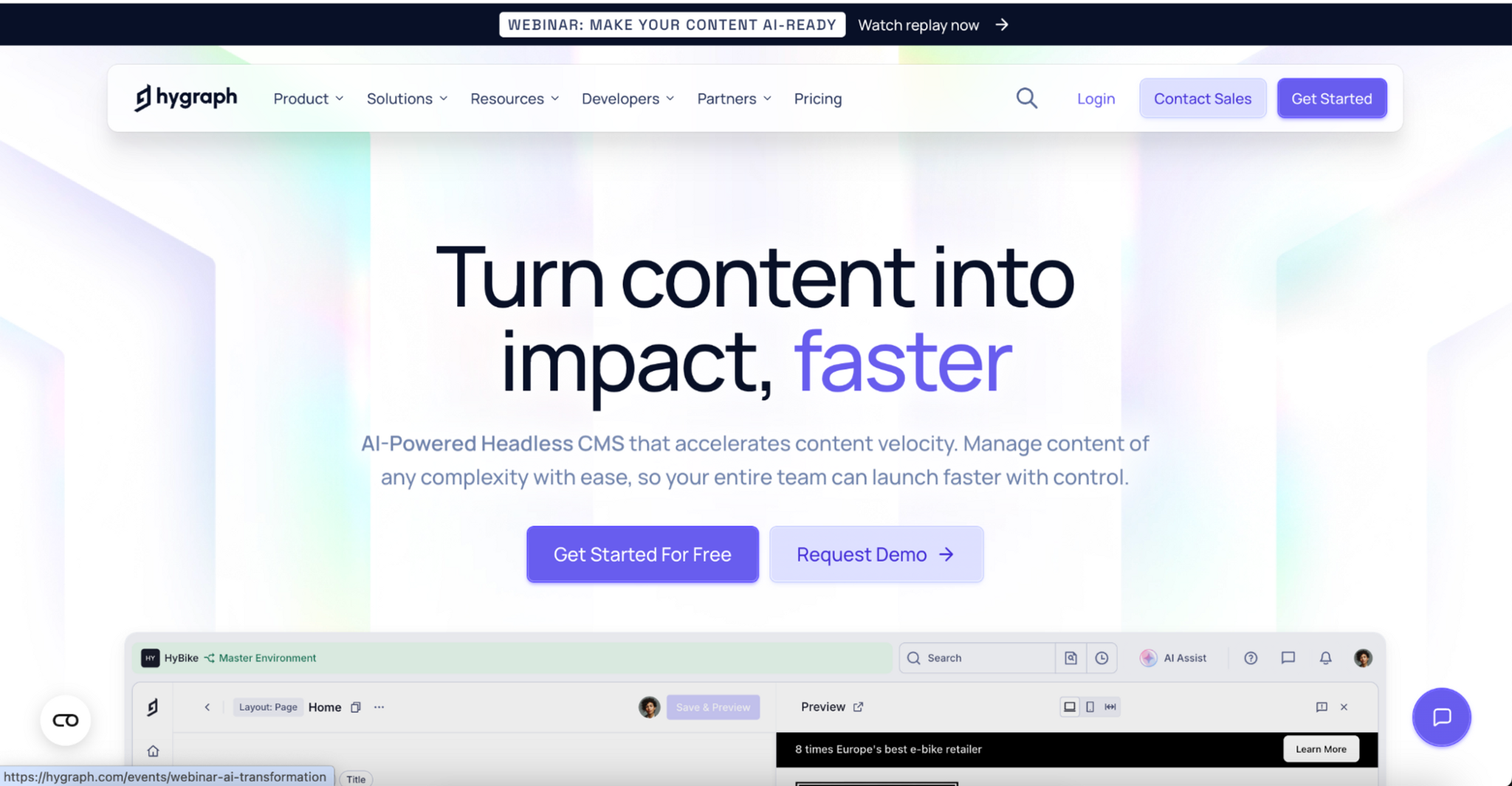 Hygraph AI-powered headless CMS homepage hero section displaying the main headline Turn content into impact faster alongside call to action buttons.png