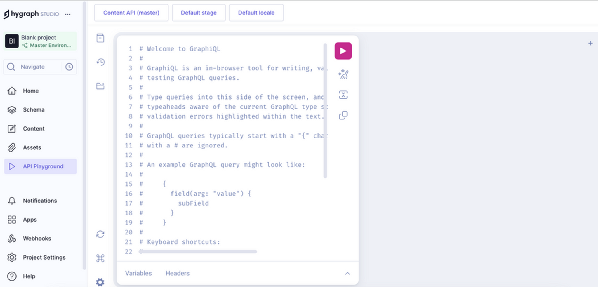 Hygraph Studio developer dashboard interface showing the backend API Playground navigation with an open GraphiQL code panel for writing queries.png