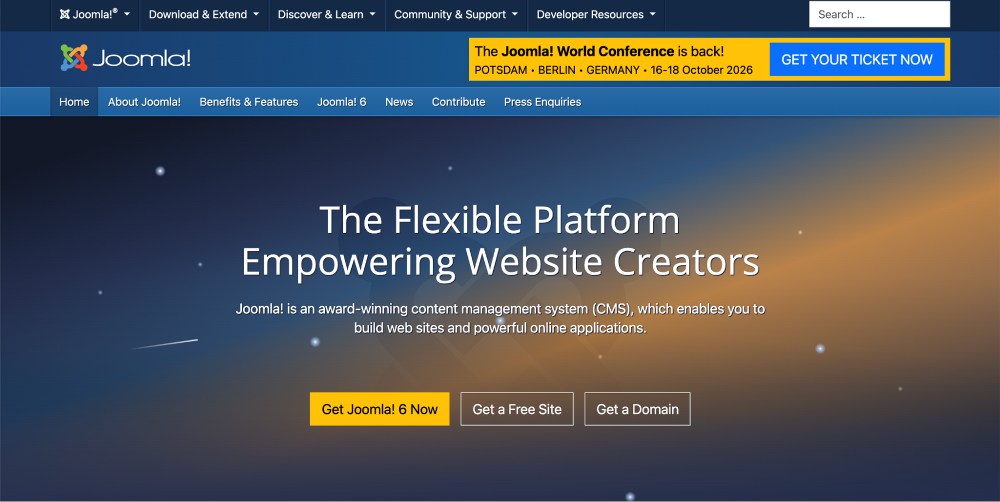 Joomla open source content management system website homepage highlighting the Joomla 6 platform release and an upcoming world conference banner.png