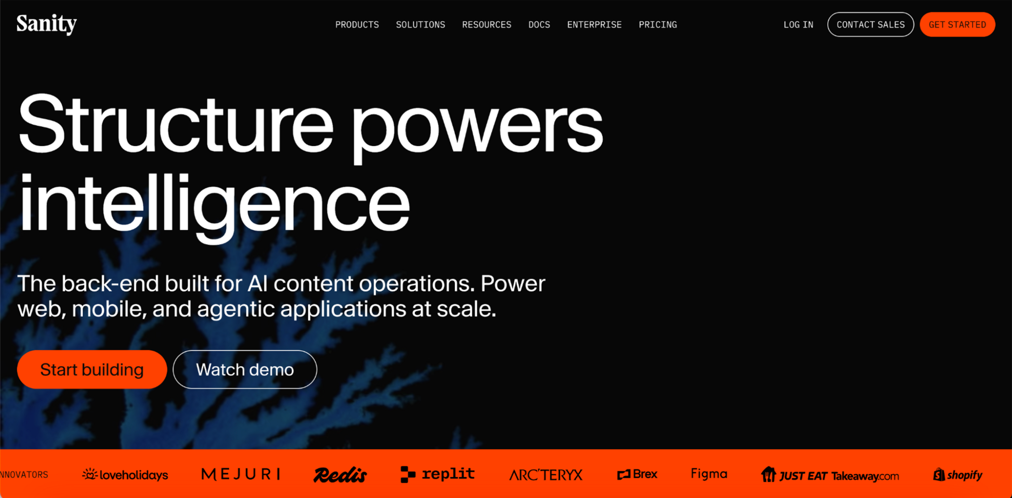 Sanity headless CMS dark themed landing page displaying the headline Structure powers intelligence for AI content operations with client brand logos.png