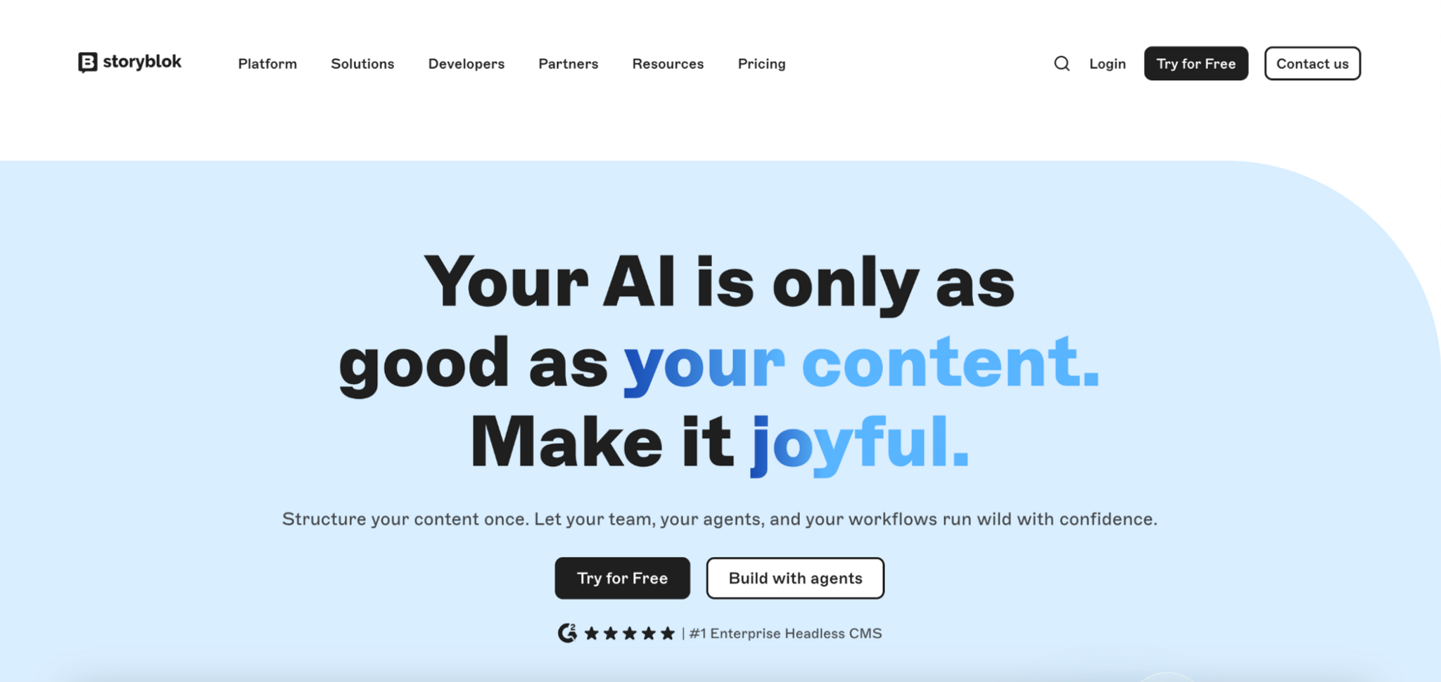 Storyblok enterprise headless CMS homepage highlighting an AI content strategy headline and call to action buttons to Try for Free or Build with agents.png