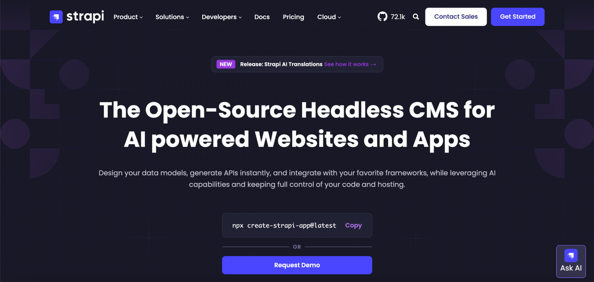 Strapi open source headless CMS homepage with a dark user interface layout, an active command terminal installation code line, and an AI translations announcement.png