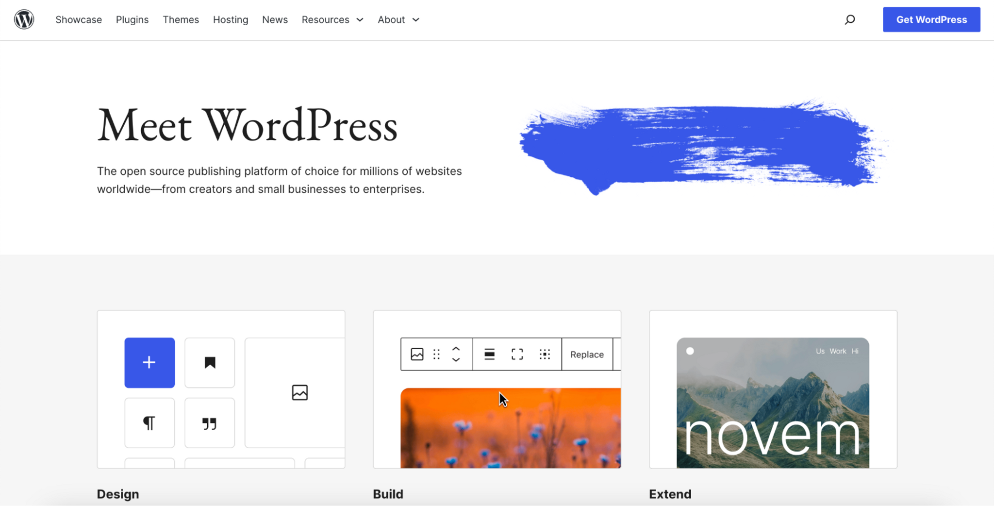 WordPress open source publishing platform landing page featuring a prominent blue brush stroke graphic and features for design, build, and extend.png