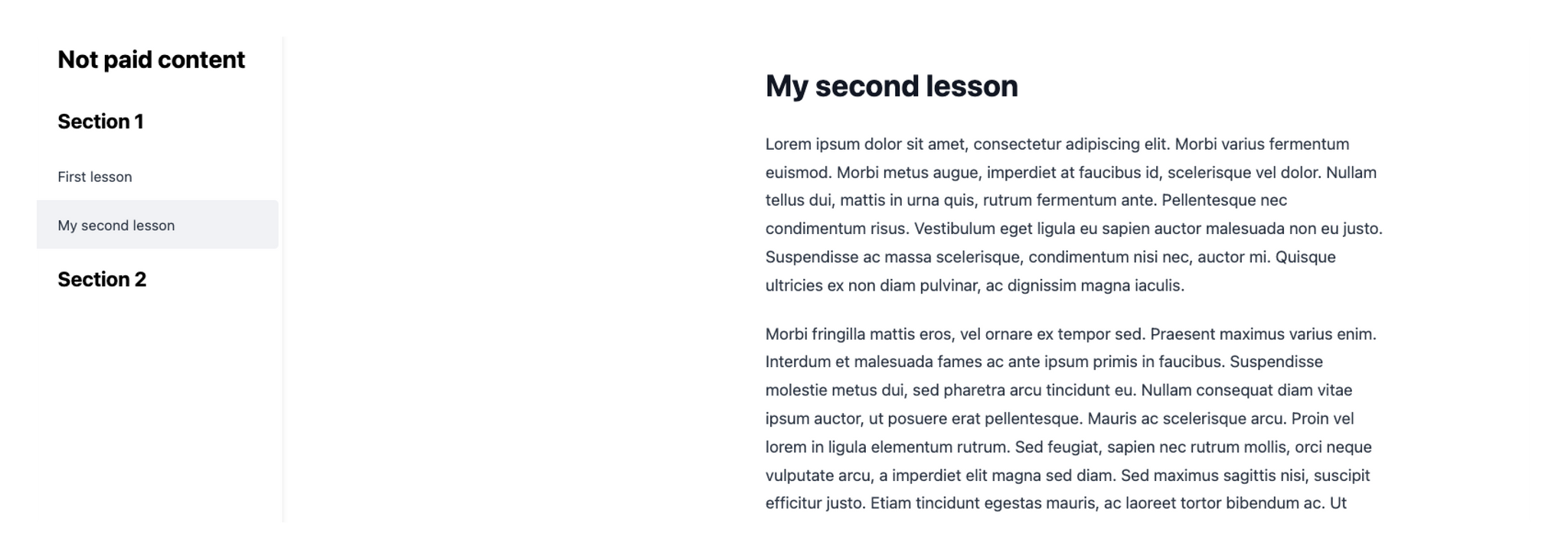 "My Second Lesson" page showing rich text and a sidebar navigation with the correct lesson selected