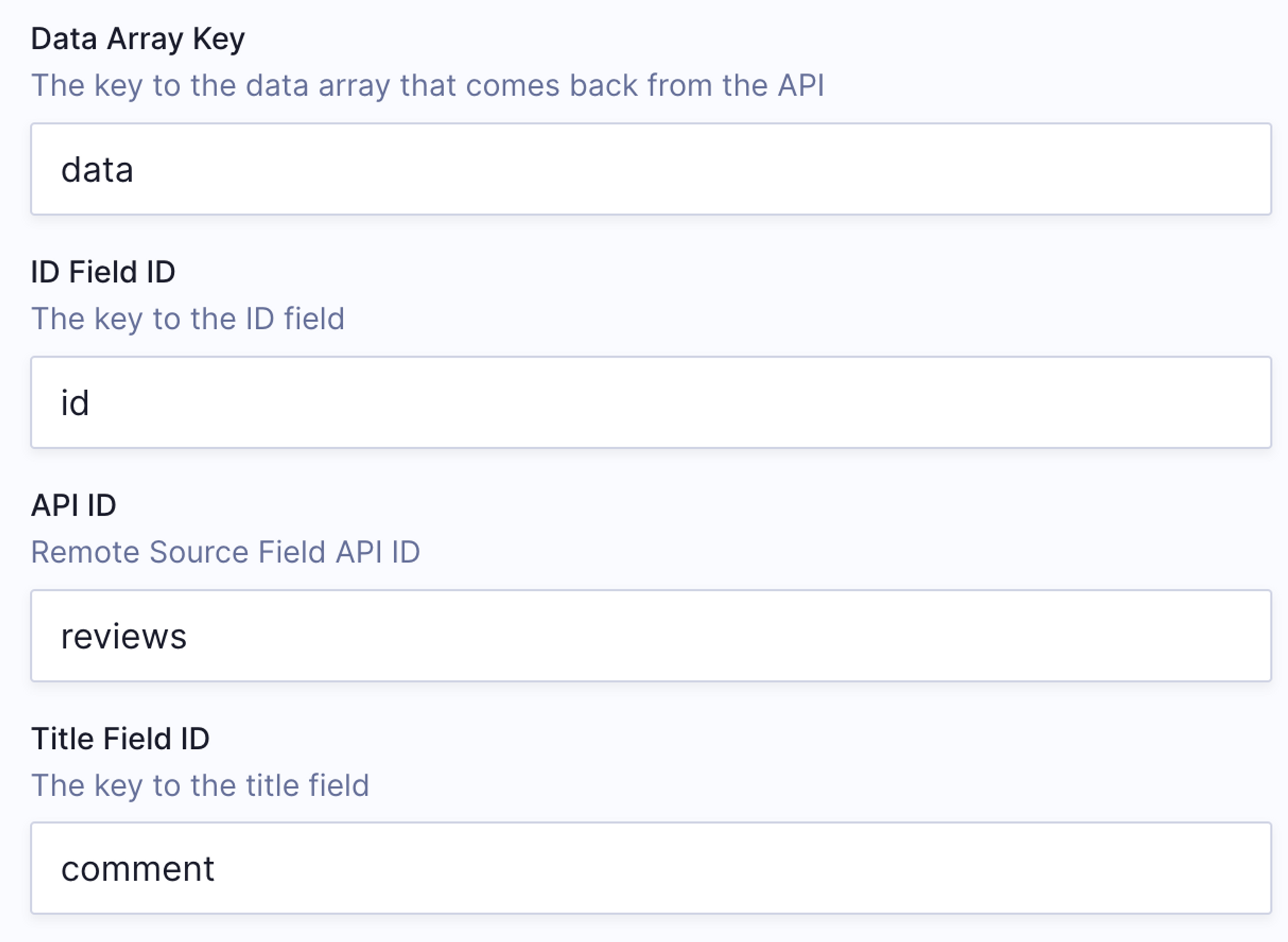Configuration fields for Data Array Key, ID FIeld ID, API ID, and Title Field ID