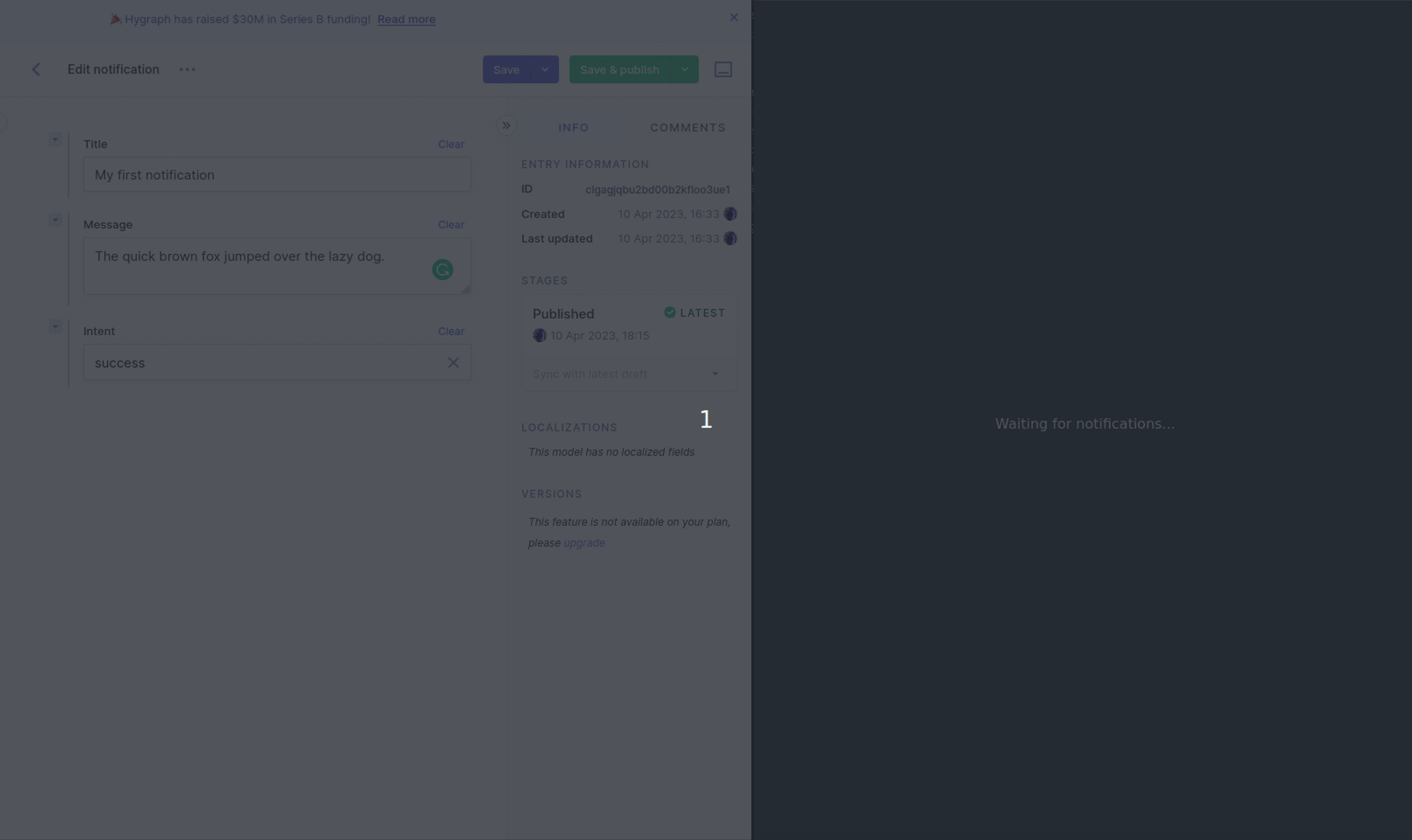 Publishing content to an in-app notification