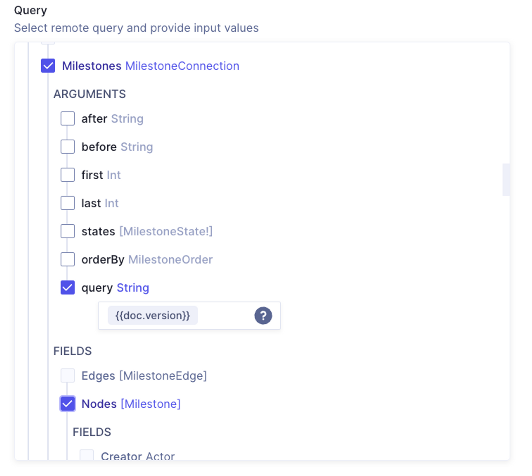 Selecting the right Milestone based on the release's version and selecting the Nodes Field for data