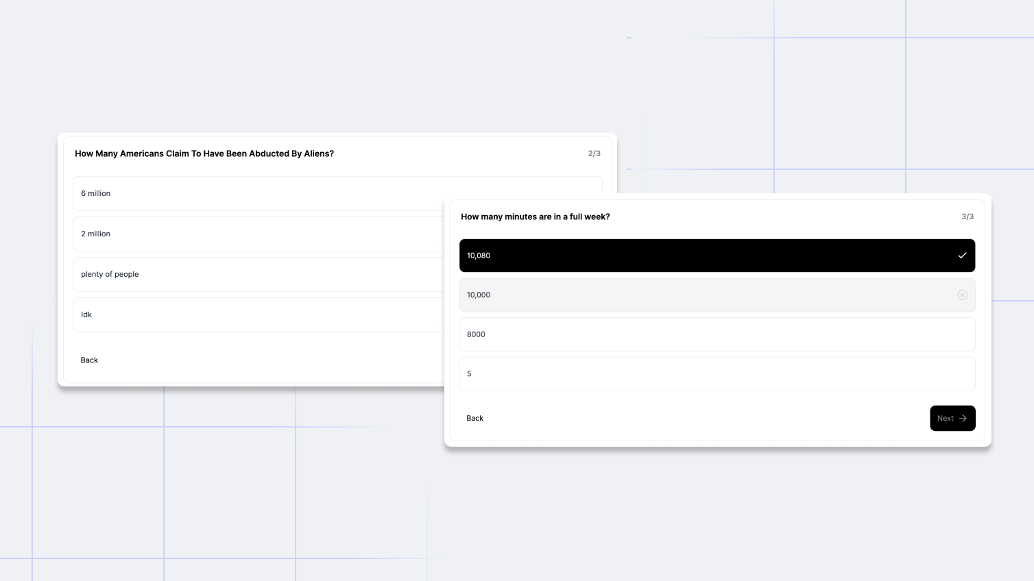 Quiz interface with blank state and right/wrong state