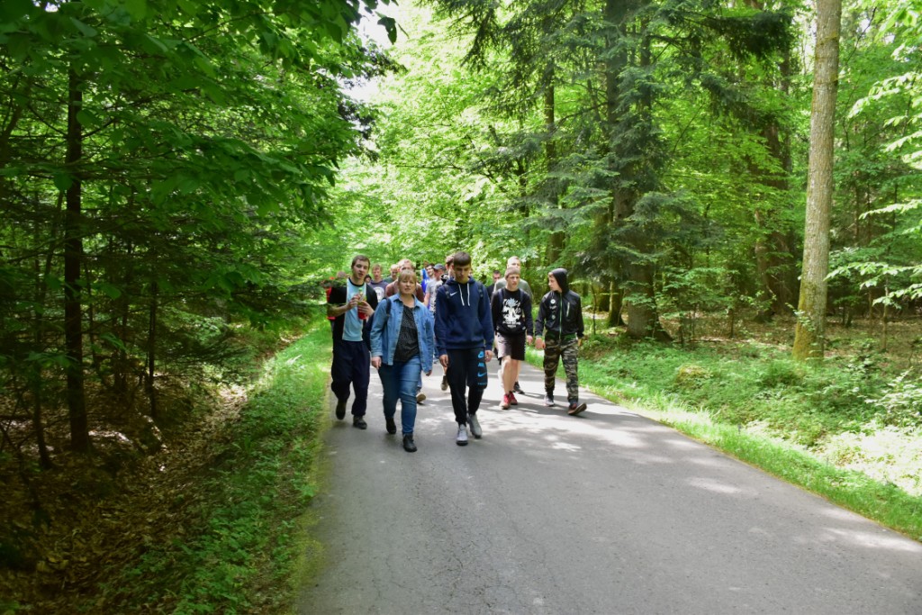 Majówka w MOW | Grupa kilkunastu chłopców idzie asfaltową drogą przez las. Między nimi idzie kobieta..JPG