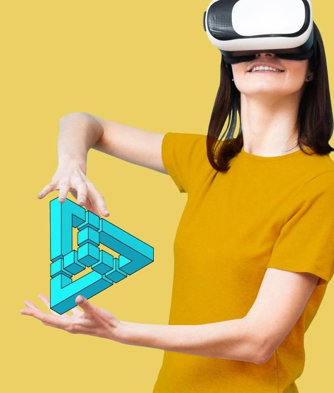 Woman with headmounted Display playing with an impossible virtual 3D-Element