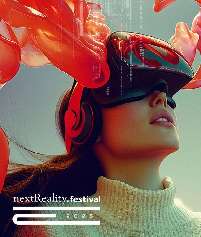 woman wearing headmounted display + nextReality-festival-logo 2025
