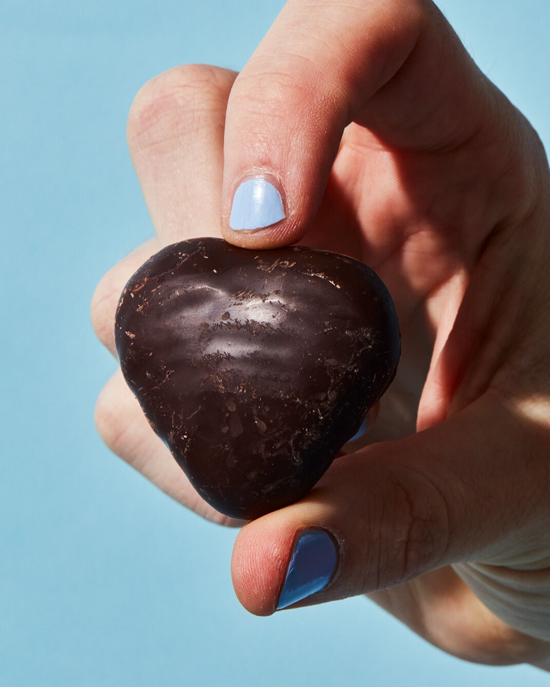 Eine Hand mit hellblau lackierten Nägeln hält eine dunkelbraune, herzförmige Schokoladenlebkuchen vor einem hellblauen Hintergrund.