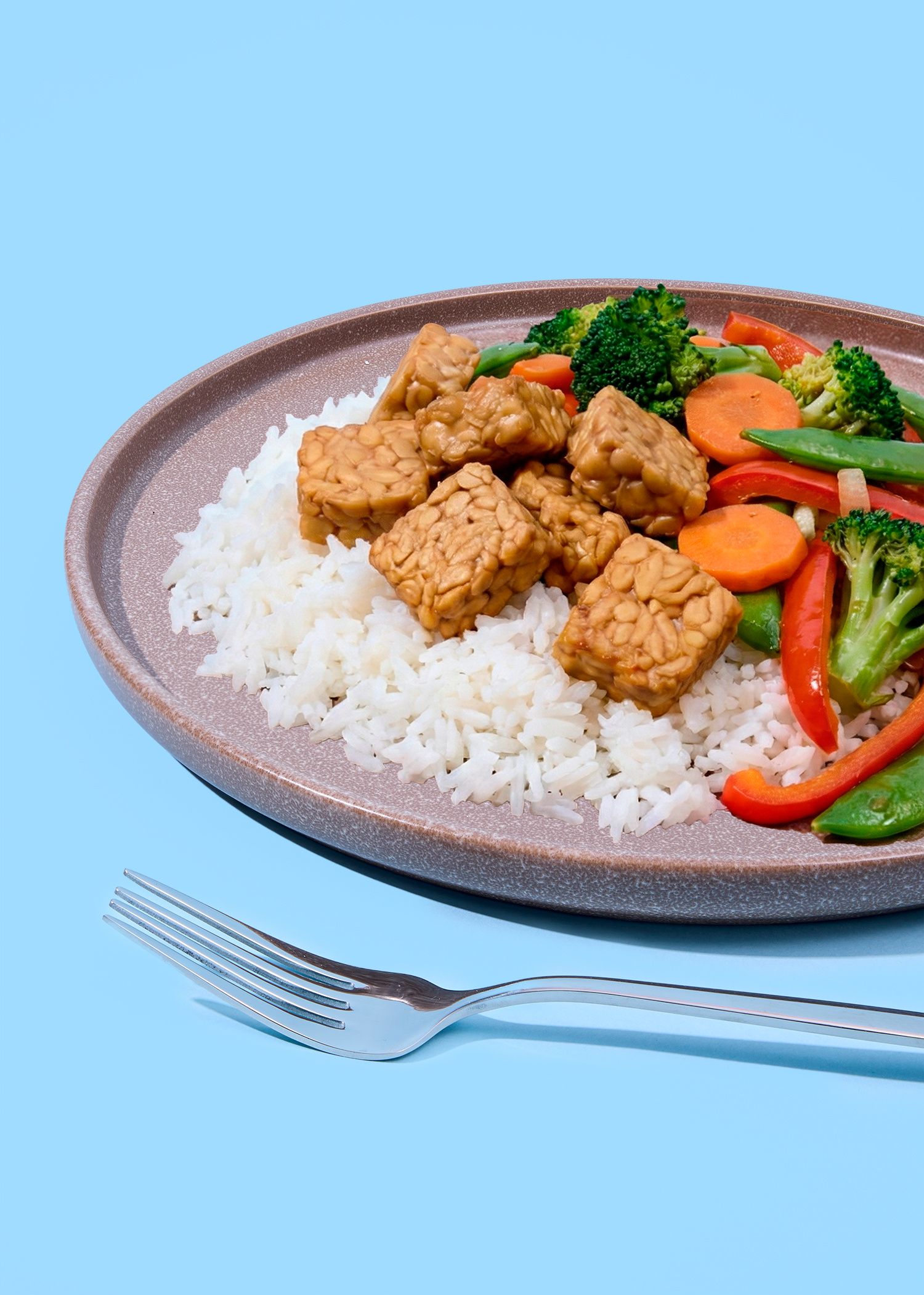 Eine Nahaufnahme eines Tellers mit gebratenen Tempeh-Würfeln auf weißem Reis, serviert mit gedünstetem Gemüse (Brokkoli, Karotten, Paprika und Zuckerschoten) auf einem hellblauen Hintergrund.