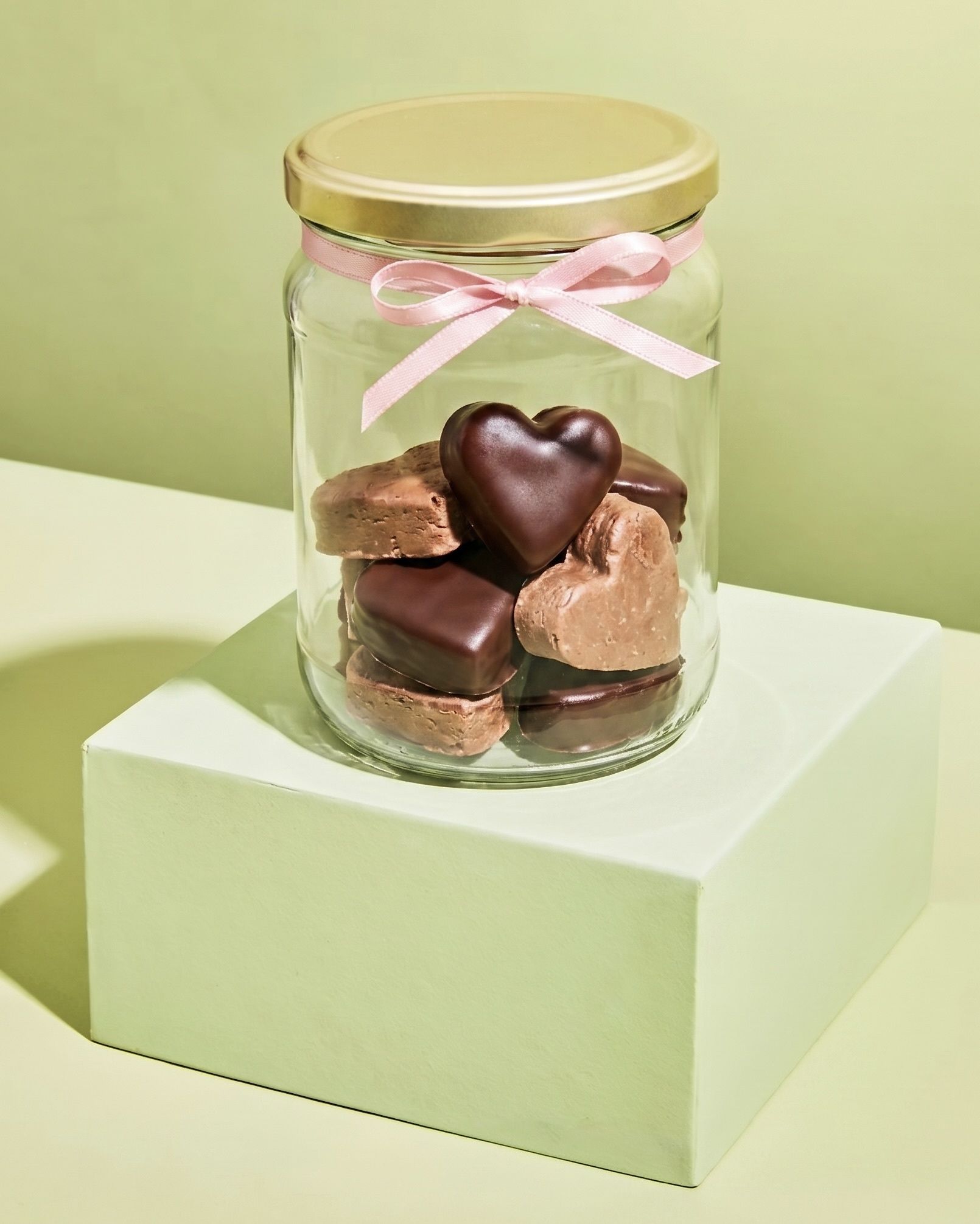 Hausgemachte Nougat-Herzen im KoRo-Glas mit rosa Schleife vor minimalistischem grünem Hintergrund.