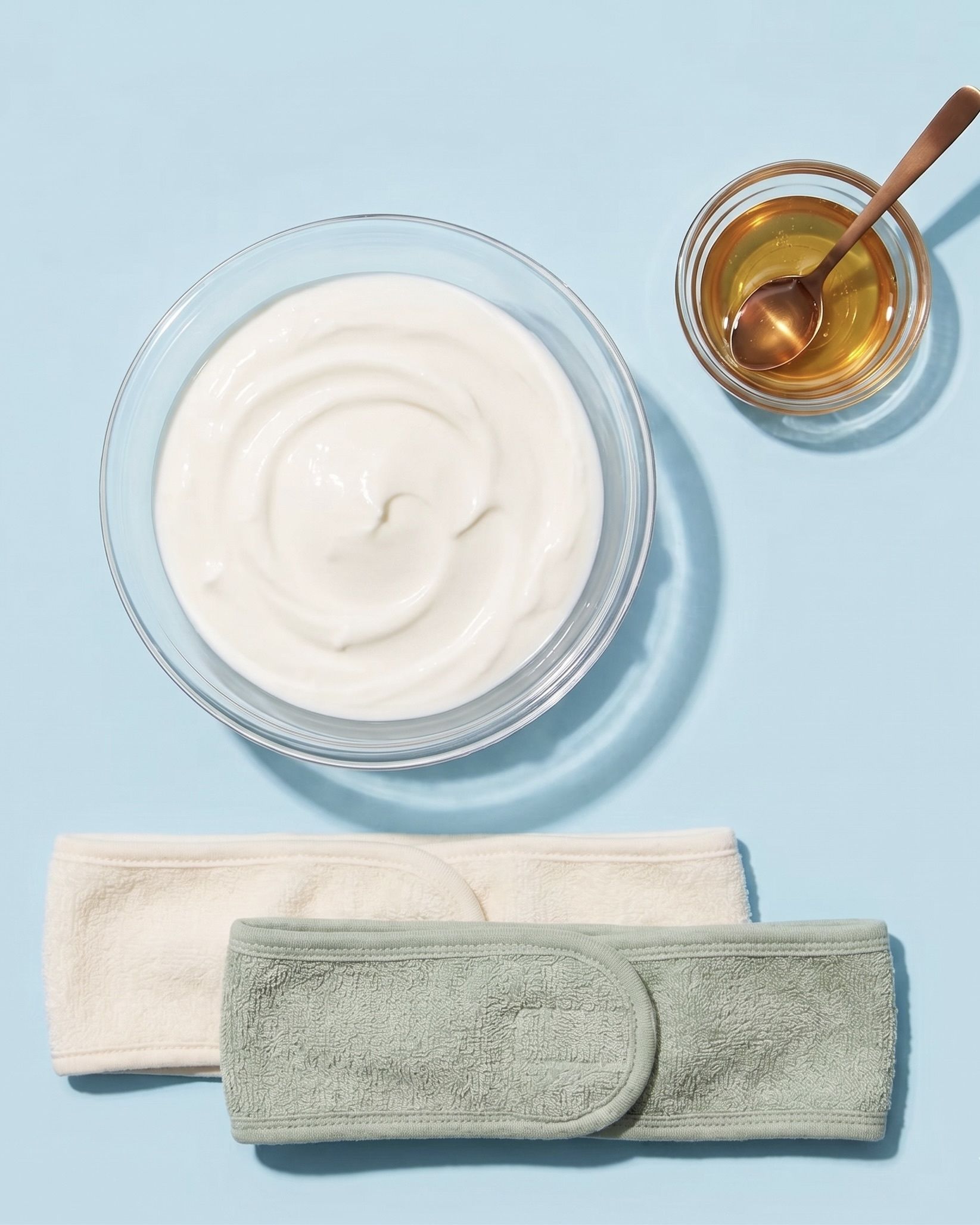Glasschale mit cremigem Quark, kleine Honigschale und zwei textile Kosmetik-Stirnbänder für die Hautpflege, minimalistisch arrangiert auf blauem Hintergrund.