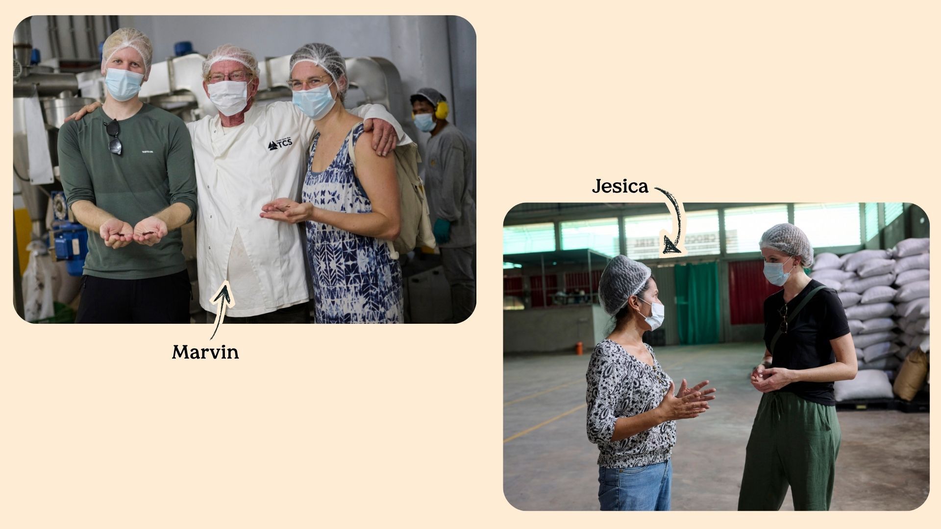 Projektbesuch in einer peruanischen Kakaoverarbeitung; Teammitglieder in Schutzkleidung begutachten Kakaobohnen und führen Fachgespräche in der Produktionshalle.