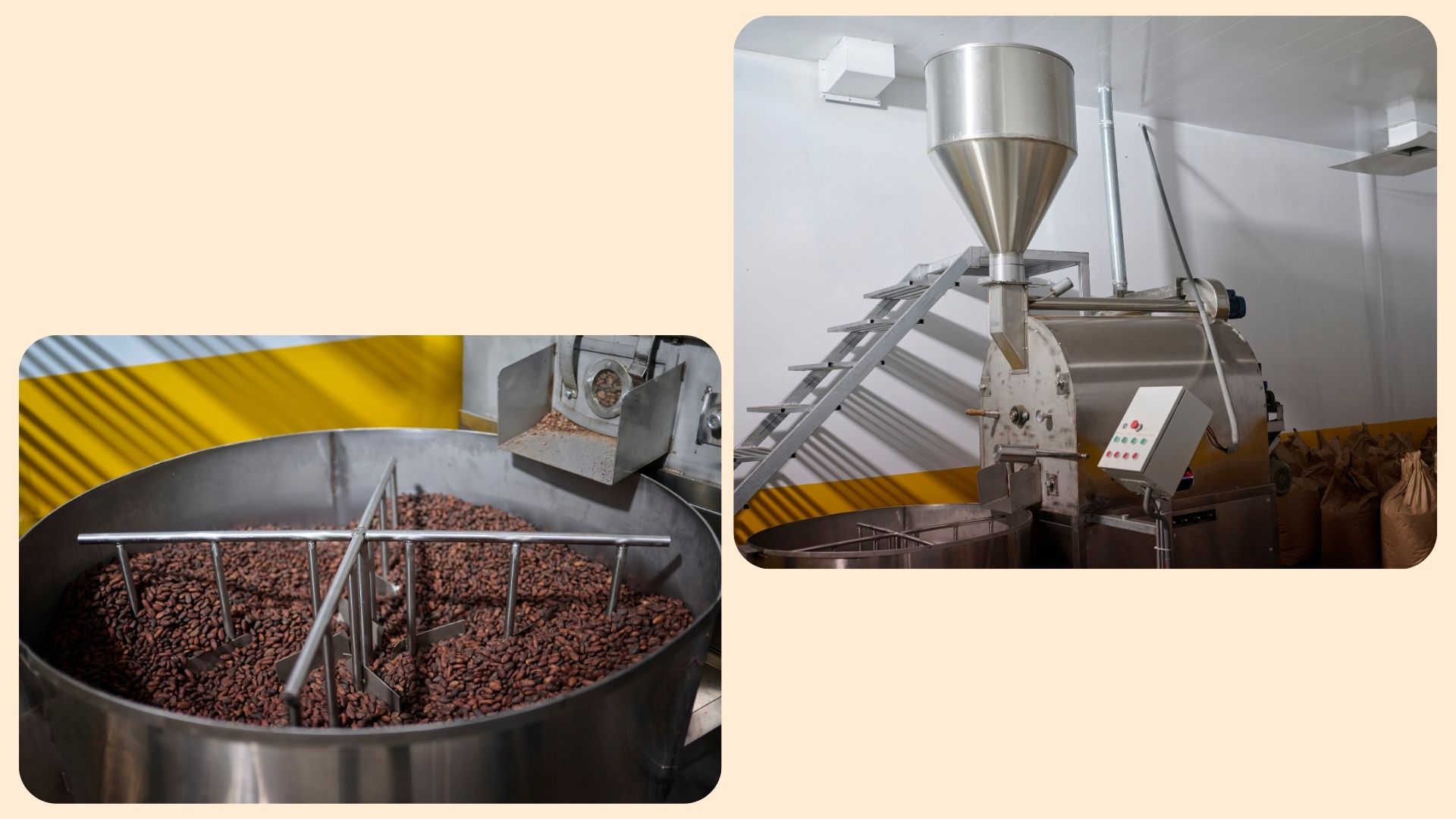 Mechanische Kakaoverarbeitung: Eine Trommelröstmaschine mit Trichter sowie ein runder Abkühler aus Edelstahl, in dem geröstete Kakaobohnen durch Rührarme gleichmäßig verteilt werden.
