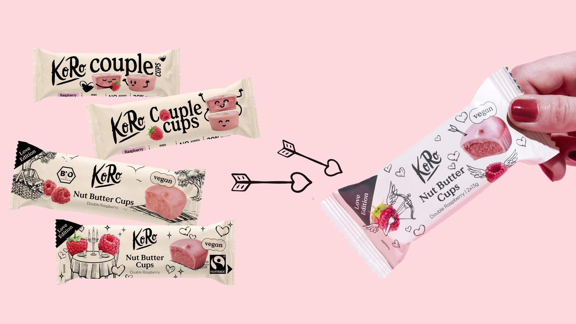 Grafik mit verschiedenen Design-Entwürfen für KoRo Nut Butter Cups: Oben links frühere Entwürfe mit der Aufschrift „couple cups“ und Illustrationen von picknickenden Cups, unten links Entwürfe mit Tisch-Szenen und rechts die finale Verpackung der „Double Raspberry“ Edition mit Amor-Himbeere, die von einer Hand gehalten wird.