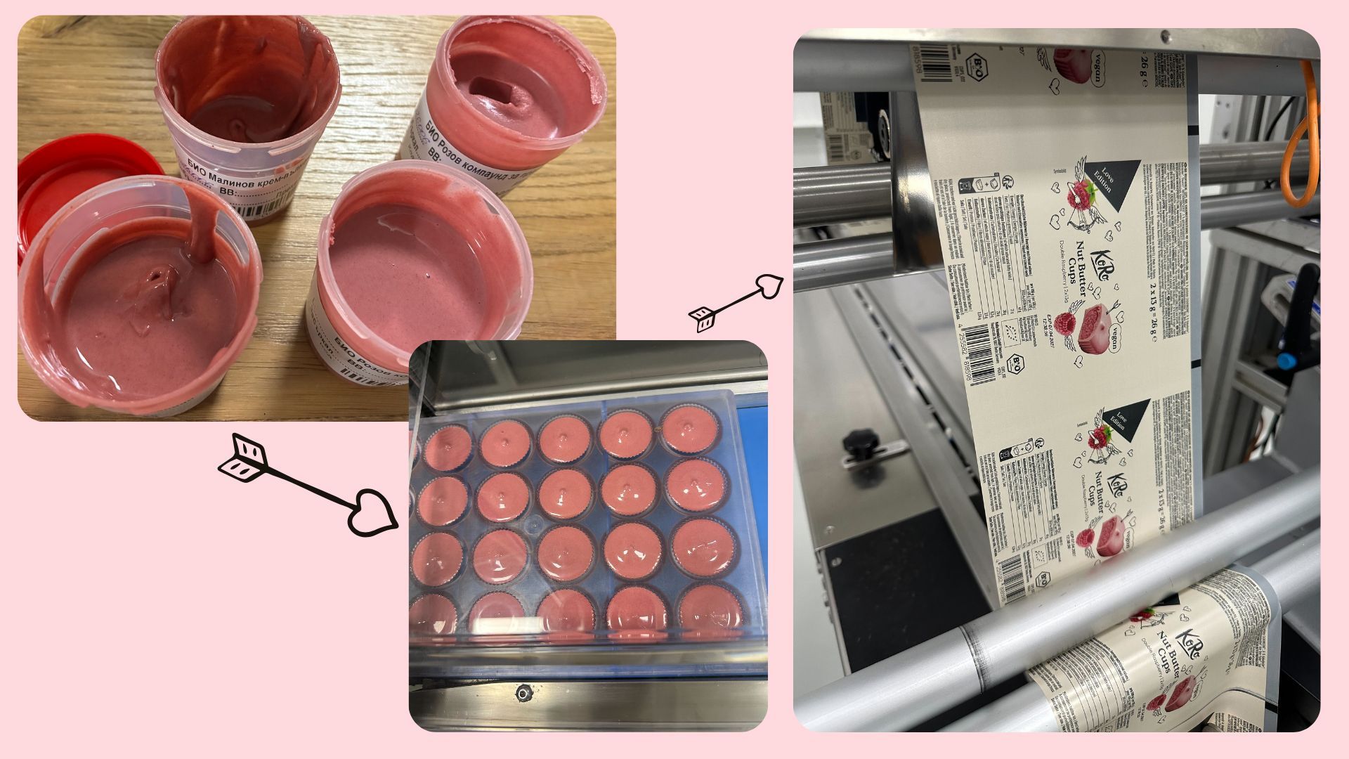 Collage mit drei Produktionsschritten der Bio Nut Butter Cups: Links oben vier Behälter mit flüssiger, rosafarbener Himbeer-Cashew-Füllung, mittig unten eine Form mit frisch gegossenen, glänzenden Cups und rechts die bedruckte Verpackungsfolie in einer Etikettiermaschine.