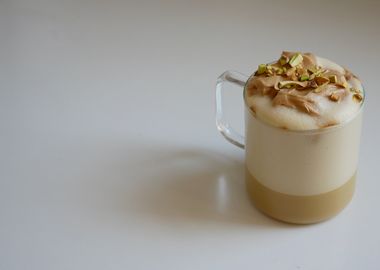 Eine Glastasse mit einem Henkel, die auf einem weißen Untergrund steht. Die Tasse enthält ein geschichtetes Getränk: eine helle, cremefarbene Flüssigkeit im unteren Teil, die von einer großen Menge an karamellfarbenem, luftigem Schaum gekrönt wird. Obenauf ist das Getränk großzügig mit gehackten grünen Pistazien bestreut.