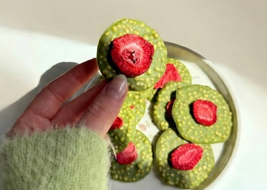 Eine Hand in einem flauschigen, hellgrünen Strickärmel hält einen runden, hellgrünen Matcha-Schokoladen-Button in die Kamera. Der Snack ist mit gepufftem Quinoa versetzt, was ihm eine körnige Textur verleiht, und trägt in der Mitte eine leuchtend rote, gefriergetrocknete Erdbeerscheibe. Im Hintergrund ist ein weißer Teller mit weiteren dieser Matcha-Erdbeer-Snacks zu sehen, die in weichem, seitlichem Sonnenlicht liegen.