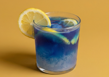 Erfrischende blaue Spirulina-Limonade in einem Glas mit Zitronenscheiben auf gelbem Hintergrund – vegan und glutenfrei.