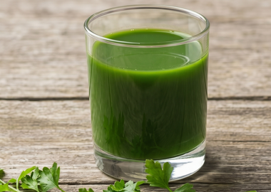 Grüner Smoothie aus Sellerie und Weizengras in einem Glas auf rustikalem Holztisch, Seitenansicht im Panoramaformat.
