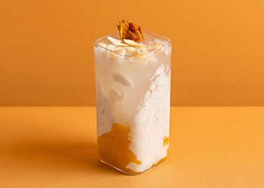 Ein geschichtetes Iced Mango Vanilla Coconut Water in einem eckigen Glas mit Mangopüree, Joghurt und Kokoswasser, garniert mit Kokoschips, getrockneter Mango und Minze vor einem schlichten, orangefarbenen Hintergrund.