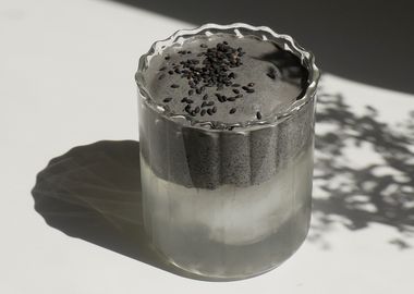 Schwarzer Sesam Cloud Latte in einem geriffelten Glas. Trendiges, geschichtetes Kaffee-Alternative-Getränk mit samtiger schwarzer Sesam-Creme und gerösteten Sesamsamen-Topping. Minimalistischer Stil mit natürlichem Sonnenlicht und Schattenspiel.