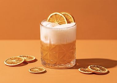 Minimalistisches Food-Foto im Panorama-Format von einem spritzigen orangefarbenen Kombucha-Drink im gemusterten Glas mit weißer Schaumkrone, garniert mit getrockneten Orangenscheiben auf einem nahtlosen, orangefarbenen Studio-Hintergrund