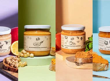 From left to right, the following KoRo products can be seen: organic eggplant spread, organic chickpea spread, organic tomato and basil spread, and spicy organic paprika spread.