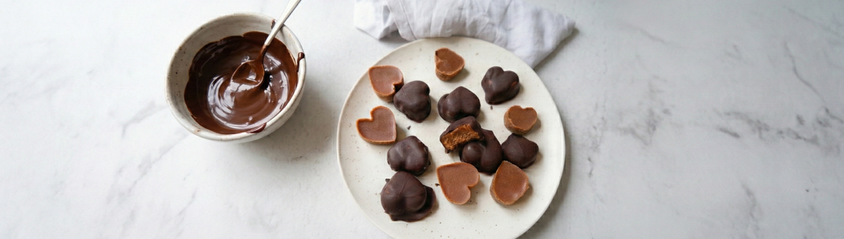 Vegane Nougat Herzen mit Haselnussmus auf einem hellen Teller, überzogen mit Schokoladenglasur aus Xylit-Schokodrops, daneben eine Schüssel mit geschmolzener Schokolade und Löffel auf hellem Marmortisch.