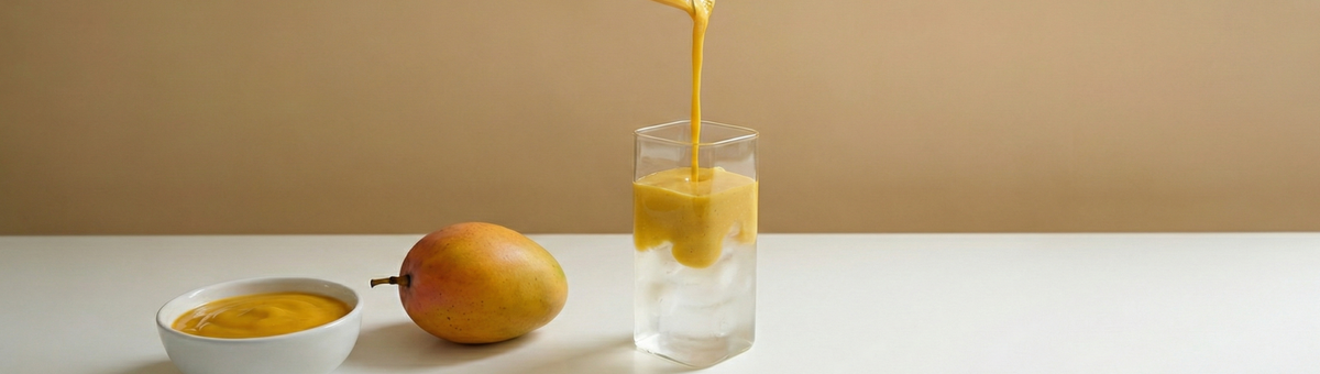 Cremiges Mango-Püree wird in ein hohes eckiges Glas mit Eiswürfeln und Kokoswasser gegossen, daneben eine frische Mango und eine Schale mit Mangopüree auf hellem Hintergrund – tropisches Sommergetränk mit Mango und Kokos.