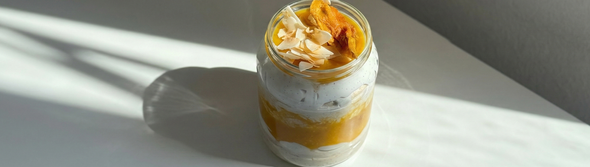 Vegane Mango Tiramisu Blended Overnight Oats im Glas, geschichtet mit cremigen Haferflocken, Kokosjoghurt und Mangopüree, getoppt mit gerösteten Kokoschips und getrockneter Mango – sommerliches Frühstück im Sonnenlicht.