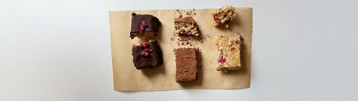 Draufsicht auf drei verschiedene Variationen von hausgemachten Crispy-Quinoa-Vanille-Protein-Riegeln auf braunem Backpapier. Links zwei mit dunkler Zartbitterschokolade überzogene Riegel, garniert mit getrockneten Granatapfelkernen. In der Mitte zwei in Kakaopulver gewälzte Riegel. Rechts zwei Riegel im Naturzustand, die die helle Textur aus gepufftem Quinoa, Soja-Crispies und roten Granatapfelkernen zeigen.