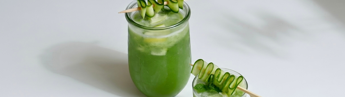 Zwei Gläser erfrischender grüner Gurke-Kokos-Aloe-Refresher, garniert mit aufgespießten Gurkenbändern, auf weißem Hintergrund.