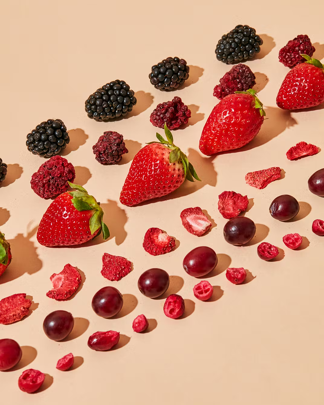 Diagonal angeordnete Reihen aus frischen Erdbeeren, Brombeeren und Cranberries sowie gefriergetrockneten Beerenstücken auf einem beigefarbenen Hintergrund.