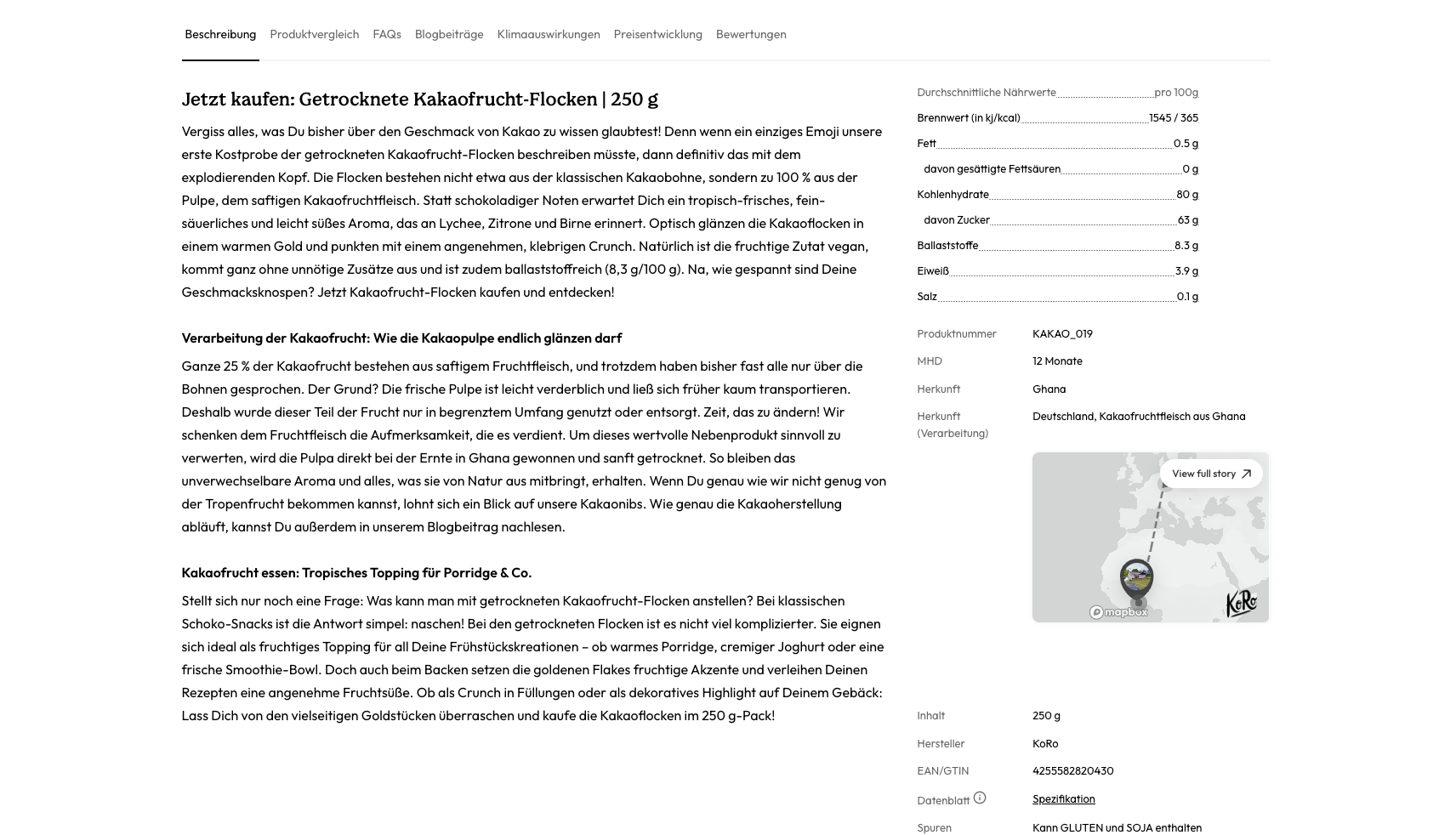 Screenshot einer Produktseite von KoRo für „Getrocknete Kakaofrucht-Flocken | 250 g“ mit Produktbeschreibung, Nährwerttabelle und Herkunftsangaben inklusive interaktiver Karte.