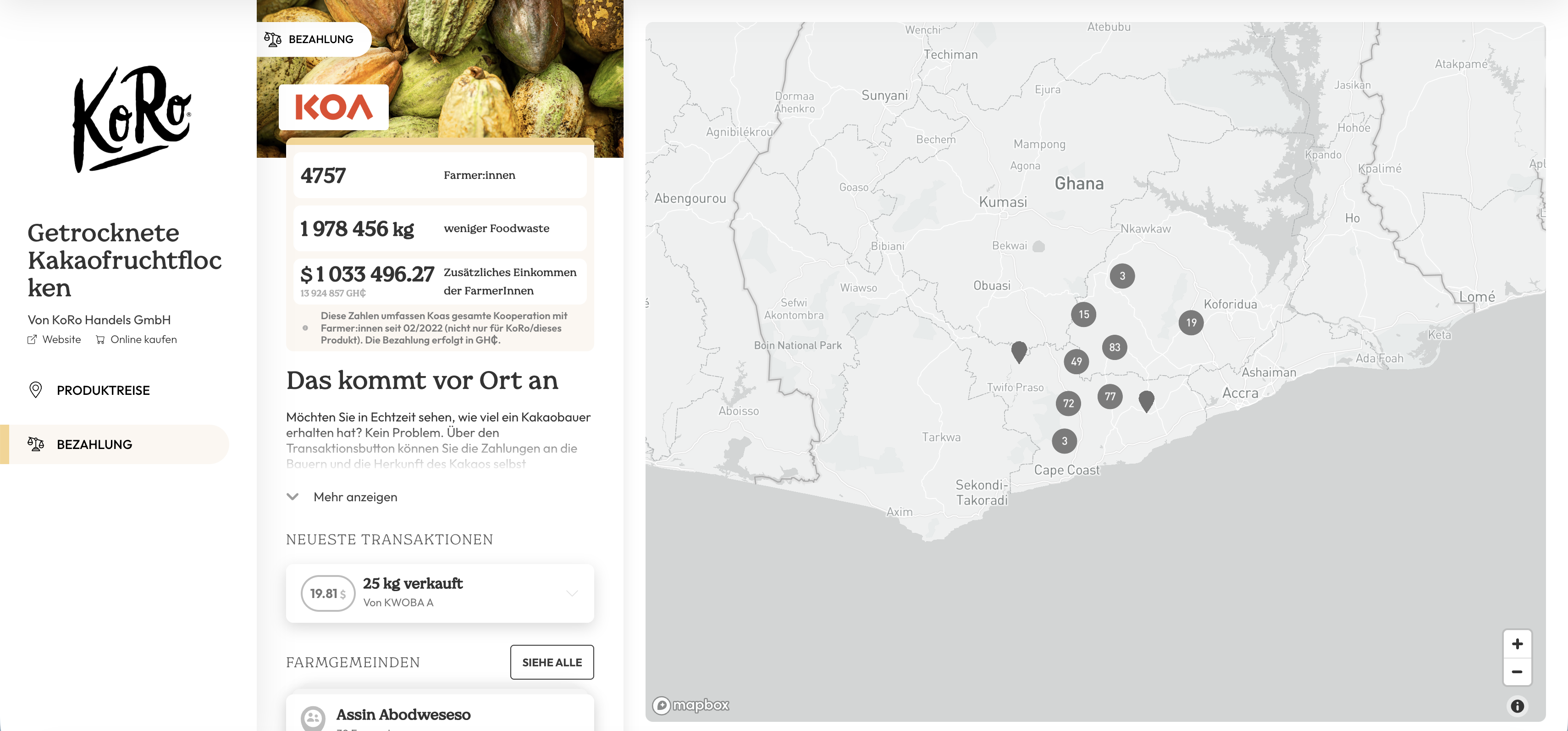 Screenshot der KoRo-Webseite für „Getrocknete Kakaofruchtflocken“ mit Statistiken zur Kooperation mit Koa (z. B. 4.757 Farmer:innen) und einer Landkarte von Ghana, die verschiedene Standorte der Farmgemeinden zeigt.   
