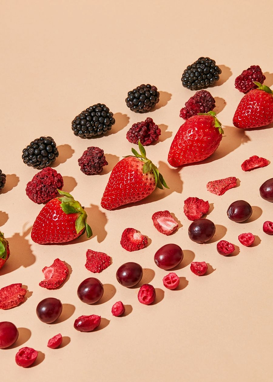 Gefriergetrocknete und frische Beeren wie Erdbeeren, Brombeeren und Cranberries auf hellem Untergrund