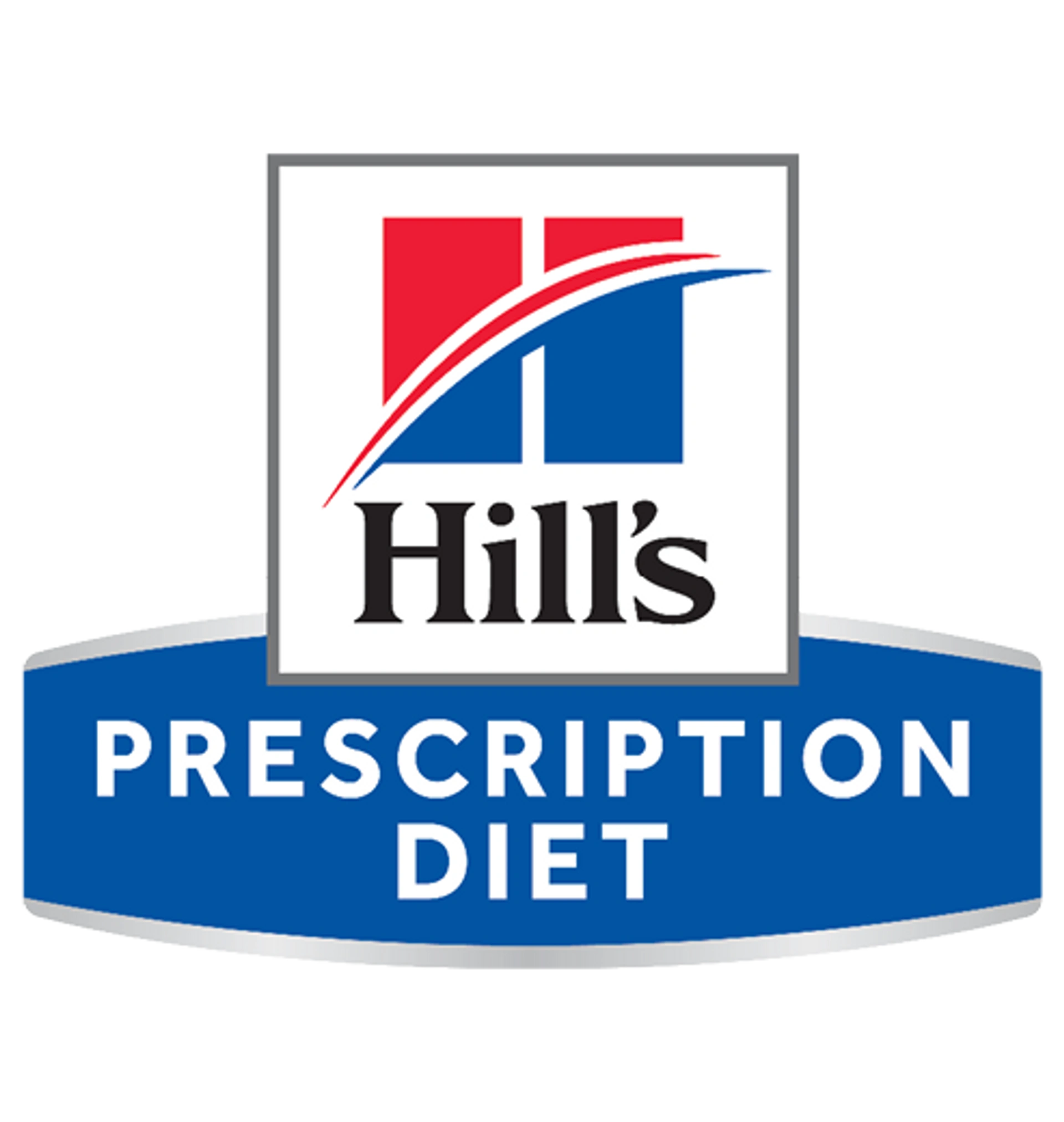 Logo Hill’s Prescription Diet quadratisches Emblem schwarzer Schriftzug unterhalb eines 'H' in rot-blau, grau umrandet und weissem Schriftzug auf blauem Hintergrund